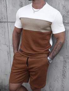 Manfinity Homme Men's Quilted Texture Color Block Two Pieces Set,Brown Checkered,Summer,Casual,Streetwear,City Break,Short Sleeve O Neck T-Shirt & Drawstring Shorts - Multicolor - View 4