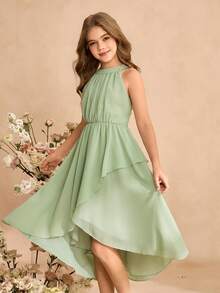 SHEIN 1件少女优雅雪纺露背无袖修身连衣裙，后背拉链，适合日常、派对、婚礼、伴娘等场合，浅绿色 - 綠色 - 查看 9