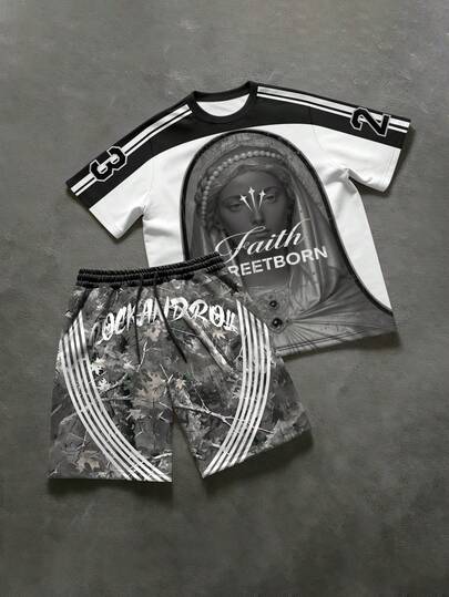 Manfinity EMRG Men's Round Neck Letter & Figure Print Short Sleeve T-Shirt And Drawstring Waist Shorts Casual Daily Outfit