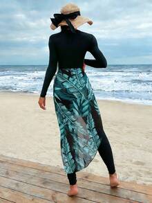 Swim Mulvari 2 piezas Conjunto burkini de mujer con estampado floral tropical + falda con cordón, conjunto de playa de cobertura completa para vacaciones, primavera/verano - Negro - Ver 2