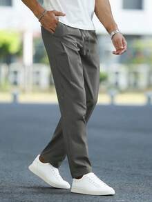 Manfinity Homme Men's Solid Color Drawstring Waist Casual Versatile Daily Wear Pants - Grey - View 3