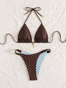 Swim Mod Women's Summer New Contrast Color Polka Dot Print Reversible Halter Tie Back Sexy Bikini Set, Suitable For Beach, Vacation - Multicolor - View 5