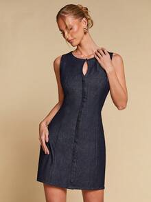 COSMINA Women's Elegant Sleeveless Teardrop Collar Waist Flared Denim Mini Dress, Versatile For Commuting, Party - Dark Wash - View 4