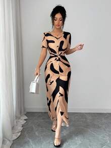 Elenzga Đầm hè thanh lịch dành cho nữ, cổ chữ V phối màu tương phản, vạt trước xoắn bất đối xứng. - Nhiều màu - Xem 5