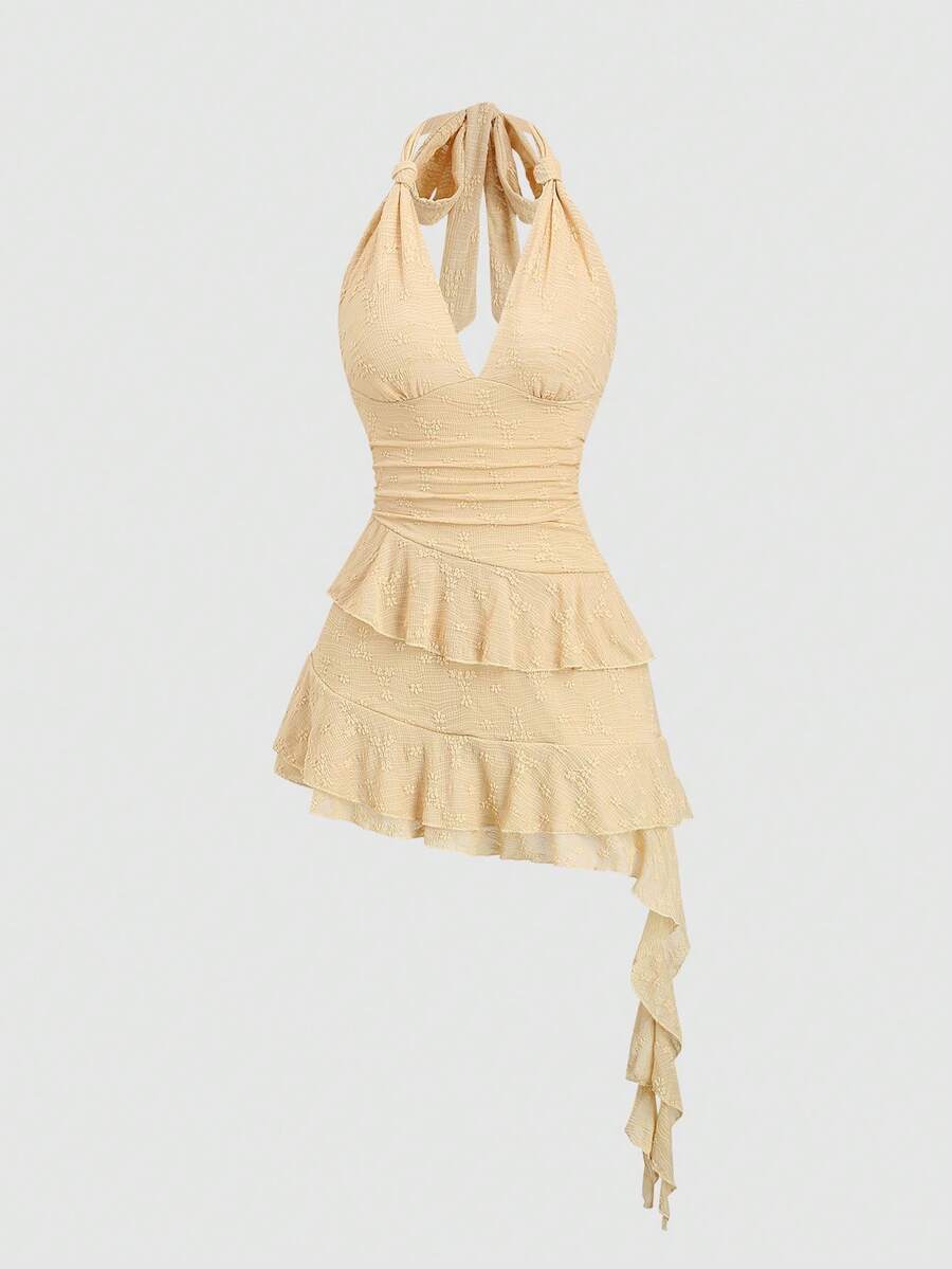 Sweetra Romantic Knitted Lace Twist Tie Layered Ruffle Hem Cropped Dress For Women, Sweet Style, Spring/Summer - Khaki - View 1