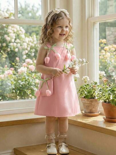 2pcs/Set Baby Girls Comfortable & Fashionable Crew Neck Sleeveless Dress With Tulip Flower Decor Hem Slit, Versatile All-Match Soft Dress Suitable For Summer Outings, School, Travel And Daily Wear