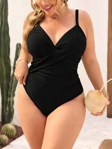 Swim Lushoire Plus Size Women V-Neck One-Piece Swimsuit,Black,Summer,Classy,Formal,Beach,Evening,Holiday,Adjustable Thick Strap Criss-Cross Ruched Fitted Swimwear - Black - View 1
