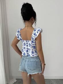 Rafferiza 女士时尚优雅小碎花印花短袖不对称下摆度假T恤，春秋季 - 藍色 - 查看 2