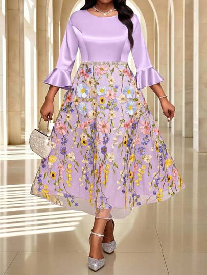 Fleurora Spring And Summer Elegant Party Wedding Valentine's Day  Cocktail Party Concert/Music Festival Purple Colorful Woven Satin Jacquard Scoop Neck Ball Gown Flared Flowy Flounce Sleeve Contrast Mesh Midi Three Quarter Length Sleeve Plus Size Dresses Summer Dresses Summer Outfit For Women Valentines Day Outfi Valentine's Day Dress Carnival Women Look 2026 Women's Carnival Costume Party Dress Elegant Party Dresses For Women Wedding Guest Dress For Women Luxury Evening Dresses For Weddings Weddings & Events Elegant Dresses For Ladies Formal Dress Formal Dresses For Women Formal Ball Gowns For Women Formal Dresses Women's Formal Wear Luxury Evening Dresses For Women Luxury Evening Dresses For Weddings Luxury Dresses Sparkly Dress Floral Dress Plus Size Elegant Party Floral Embroidery Mesh Patchwork Dress Floral Wedding Guest Dress Lilac Dress Elegant Lavender Dress Women Lavender Outfit Woman Lavender Flare Sleeve Dress