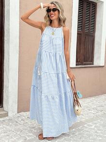 Breezaya Women's Romantic Vacation Maxi A-Line Striped Patchwork Contrast Color Dress, Spring/Summer - Multicolor - View 8