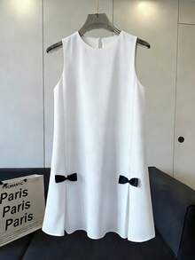 SHEIN Franclia Women's Round Neck Bow Decor Casual Vacation Date Dress - White - View 1