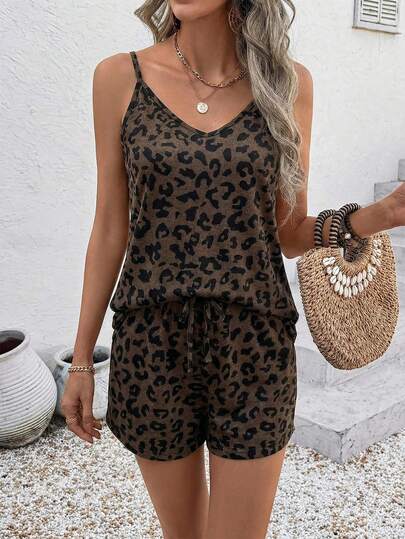 Lymera Bộ đồ nữ thanh lịch mới, thời trang thường ngày, đa năng, họa tiết da báo màu kaki gồm áo hai dây và quần short cạp chun.