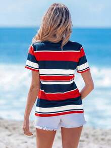 Sylviya Casual Minimalist Nautical Striped Pattern Round Neck Short Sleeve Loose Women T-Shirt, Suitable For Summer,Vacation - Multicolor - View 2
