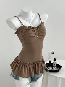 Elamini 女士休闲吊带背心，饰有荷叶边和前褶 - 摩卡棕 - 查看 4