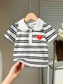 SHEIN Playful Pals 女婴休闲条纹爱心刺绣Polo衫上衣，春夏款 - 黑與白 - 查看 7