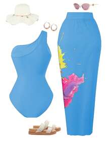 Swim Oasis 大码女士彩色印花连体泳衣，搭配同款花卉印花网纱长裙，性感优雅的海滩度假套装 - 彩色 - 查看 2