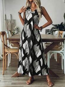 Breezaya 大码春夏女装简约休闲几何印花V领无袖长裙，完美适用于春季服装、夏季穿搭、度假装、沙滩装、女士沙滩度假装、夏季度假装、婚礼宾客礼服、毕业礼服、休闲长裙、女士商务装、办公室礼服、工作礼服、乡村音乐会服装和乡村风格连衣裙。女士夏季连衣裙、度假装、女士度假连衣裙、女士长裙、女士度假套装、女士C - 彩色 - 查看 5