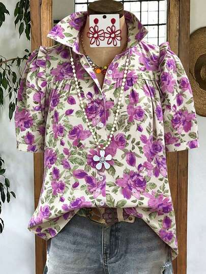 Linhara Large-Sized Woven Printed Summer Women's Shirt