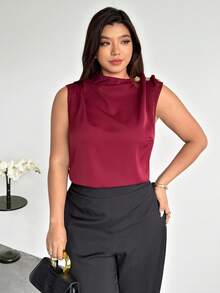 Firerie Áo kiểu nữ cỡ lớn mùa xuân/hè mới thanh lịch, cổ điển, sang trọng, không tay, cổ xếp ly bất đối xứng, cài kim loại, ôm dáng, dành cho công sở. - Màu Đỏ Sâu - Xem 6