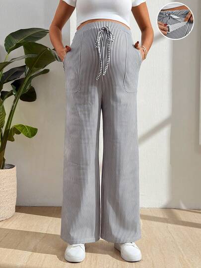 SHEIN Striped Casual Straight Leg Pants With Pockets And Tie For Pregnant Women