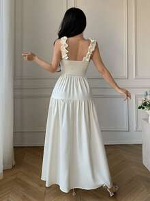 Celisse Square Neck Ruffle Trim Adjustable Shoulder Strap Elastic Waist Dress For Women - Apricot - View 2