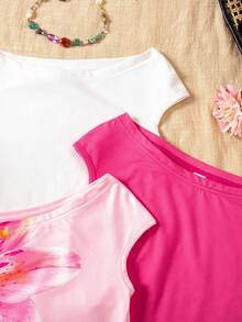 Sparklyn 3pcs/Set Girls' Off-Shoulder Snug Fit T-Shirts, Vacation Style, Multicolor - Multicolor - View 6