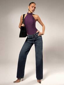 Hauture Women's Solid Color Halter Neck Bodysuit, Fitted And Versatile For Daily Wear - Purple - View 3