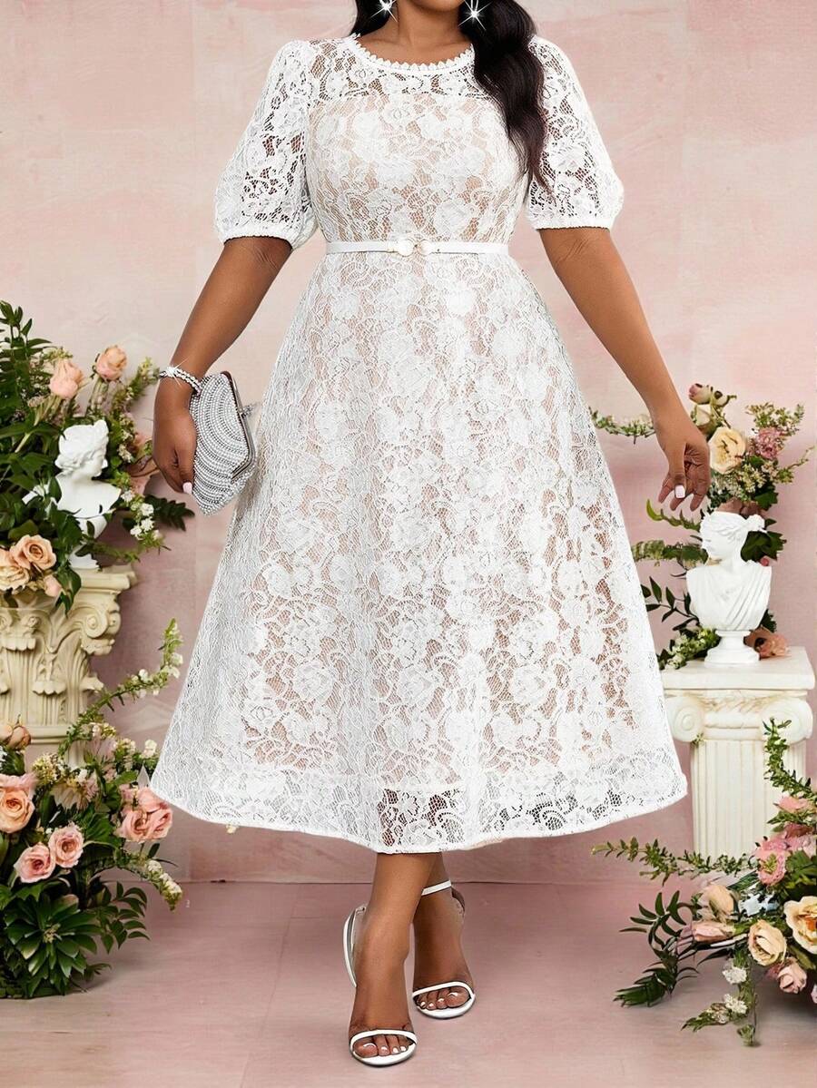 Fleurora Đầm thanh lịch mùa xuân và hè, thích hợp cho công sở, tiệc tùng, tiệc Valentine, tiệc cocktail, hòa nhạc/lễ hội âm nhạc, đầm dệt kim ren trắng cổ tròn tay phồng xòe, tay ngắn, cỡ lớn. - Nhiều màu - Xem 1