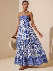 Lyxana Women's Tropical Plant Print Halter Casual Dress, Vacation - Blue and White - View 1