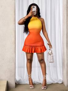 BamGleam Women's Ombre Ruffle Hem Halter Neck Dress - Multicolor - View 6