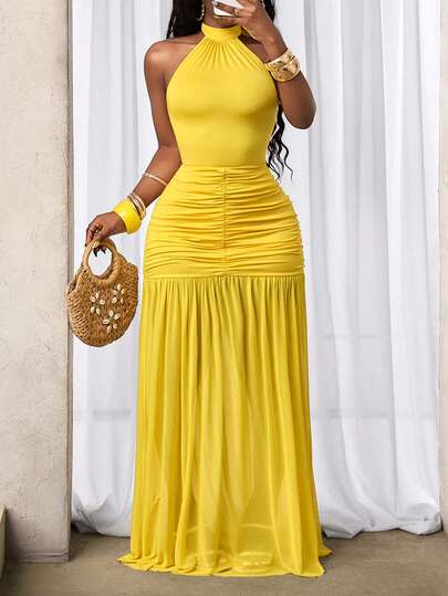 BamGleam Women's Solid Color Pleated Fashionable Halter Dress, Suitable For Vacation Yellow Maxi Dress Women Yellow Sexy Dress Yellow Sundress Women Yellow Two Piece Sets Yellow Dress Curve Women Vacation Dress Yellow Halter Dress Curve Yellow Dress Yellow Elegant Dress Yellow Brunch Outfits For Women Yellow Elegant Dress Women Halter Neck Yellow Dress Womans Dress Womens Summer Dresses Womens Clothes Dress Womens Summer Outfits Yellow Outfits For Women