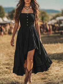 Balvessa Bohemian Style Casual Vacation Front Short Back Long Cinched Waist Women's Mid-Length Dress - Black - View 3