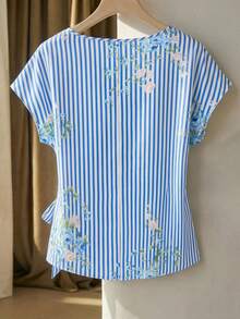 GlowEve CURVE Women's Blue And White Striped Floral Print Tie Front Short Sleeve Blouse,Summer Tropical Vacation Holiday Casual Tops Filipiniana Shirts & Blouses - Multicolor - View 2