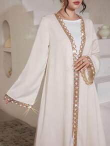 Yasmyna Áo Abaya Ả Rập thanh lịch dành cho nữ, màu mơ, chất liệu satin acetate, viền ren, thích hợp cho mùa xuân/hè. - Màu be - Xem 1