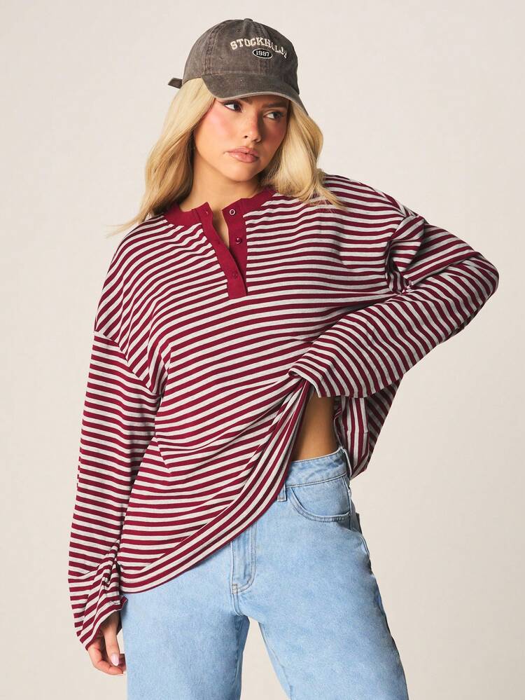 MISSGUIDED Burgundy White Horizontal Striped Long Sleeve Rugby Polo Top With Button Placket Fall Winter Casual Comfort