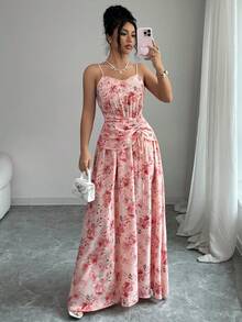 Rafferiza Cinched Waist Drawstring Strap A-Line Dress, Featuring Elegant Digital Printing Design, Suitable For Graduation Ceremony And Vacation Wear - Dusty Pink - View 1