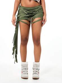 SUMWON WOMEN Jersey Fringe Bead Macrame Micro Mini Booty Shorts With Tie Details And Metal Hardware Embellishments - Army Green - View 1