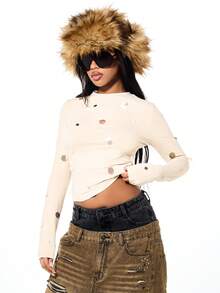 SUMWON WOMEN Long Sleeve Polka Dot Crop Top With Tie Detail And Ruching For Fall Winter Layering - Apricot - View 1