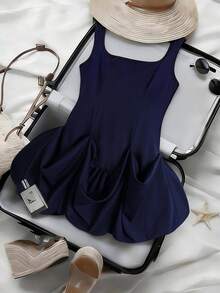 Franclia Đầm ngắn dự tiệc cocktail thanh lịch dành cho nữ, đầm công sở cổ tròn sang trọng, thích hợp mặc hàng ngày. - Màu xanh hải quân - Xem 2