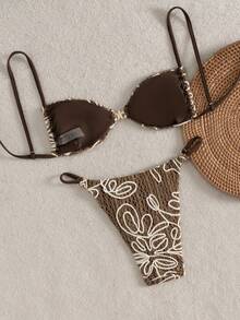 Swim Vcay 2026新款女士夏季沙滩度假吊带露背金属海星装饰特殊纹理面料性感高衩泳装套装 - 咖啡棕 - 查看 2