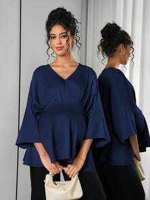 Momance Maternity Solid Color V-Neck Batwing Sleeve Elegant Blouse Fall - Royal Blue - View 2