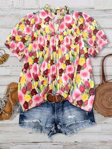 Linhara Large-Sized Woven Casual Vacation Printed Summer Women's Shirt - Pink - View 7