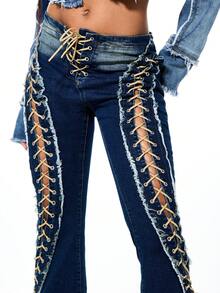 SUMWON WOMEN Distressed Lace Up Side Flare Bottom High Rise Denim Jeans With Raw Hem Frayed Details - Blue - View 4