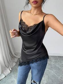 Rafferiza 女士优雅性感缎面不对称蕾丝下摆吊带背心 - 黑色 - 查看 5