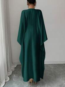SHEIN Elenzya 金色滚边装饰优雅收腰修身中长连衣裙 - 墨綠色 - 查看 2