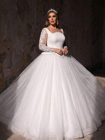 Glamrae Plus Size Elegant Luxurious Romantic White Wedding Dress With Satin & Mesh Patchwork, Asymmetric Collar, Floral Applique, Long Sleeve, A-Line Hem, Bridal Gown For Wedding Ceremony, Valentine's Day