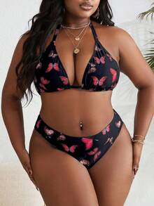 Slaydiva Bộ 2 món bikini hai mảnh cỡ lớn dành cho nữ, thích hợp cho kỳ nghỉ hè, đi biển, in hình bướm, kiểu buộc cổ. - Nhiều màu - Xem 5
