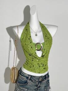 Sweetra Áo tank top mùa hè mới về dành cho nữ, kiểu dáng gợi cảm, đính hạt cườm, thiết kế cổ yếm. - màu xanh lá - Xem 4