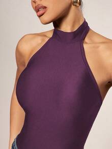 Hauture Women's Solid Color Halter Neck Bodysuit, Fitted And Versatile For Daily Wear - Purple - View 4