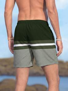 Manfinity Swimmode Men Loose Striped Beach Shorts In Vacation Style Milk Silk Lining - Green - View 2